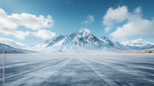 Snowy Mountain Landscape Featuring High Peaks, Platform, Road, and Parking Area on Brick Surface for Automotive Advertisement with Blank Background