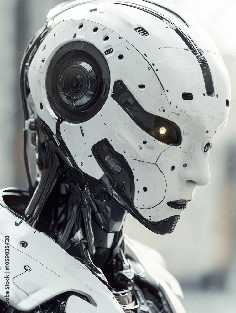 Metallic cybernetic head with glowing eyes, possibly from a humanoid robot. Metallic cybernetic head with glowing eyes, possibly from a humanoid robot.