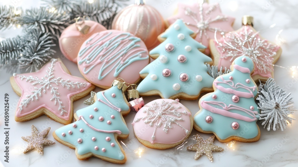 Pastel Christmas Cookies on a Marble Surface Pastel Christmas Cookies on a Marble Surface