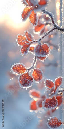 Frost-covered branches with vibrant red leaves glistening in the sunlight, creating a magical winter scene filled with shimmering ice crystals.