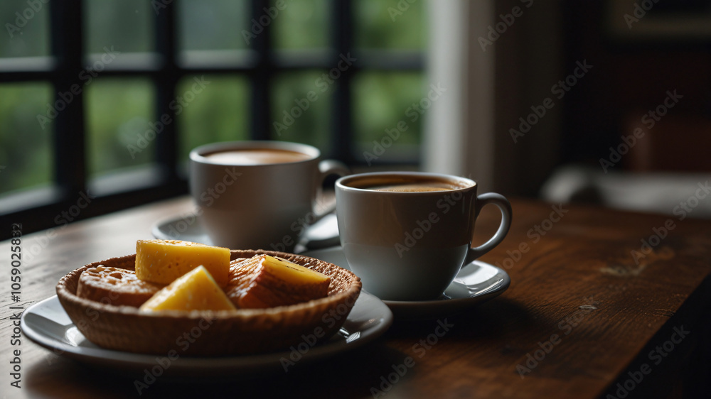 A cozy breakfast with coffee and fresh bread. A cozy breakfast with coffee and fresh bread.