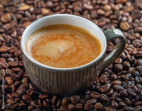 Café cremoso e intenso con un fondo de granos de café Arábica tostados photo