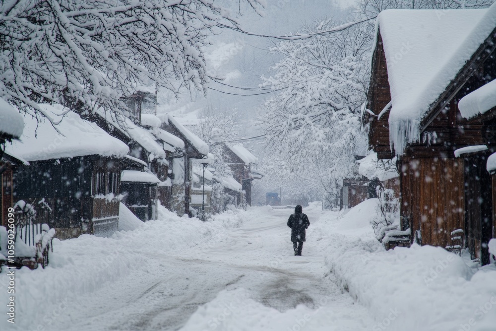 A quiet winter day unfolds as a person walks down a snow-covered street in a charming village, surrounded by towering snow-covered trees and rustic wooden houses A quiet winter day unfolds as a person walks down a snow-covered street in a charming village, surrounded by towering snow-covered trees and rustic wooden houses