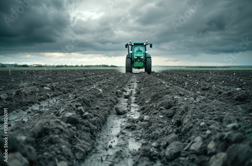 Green Tractor Working a Field on an Overcast Day