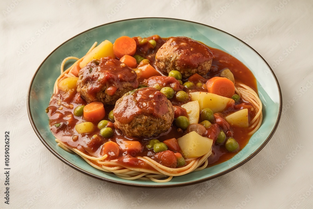 a plate with a vegetable stew containing meatballs and sauce a plate with a vegetable stew containing meatballs and sauce