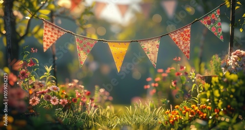 Festive Floral Bunting Decorates Summer Garden at Sunset