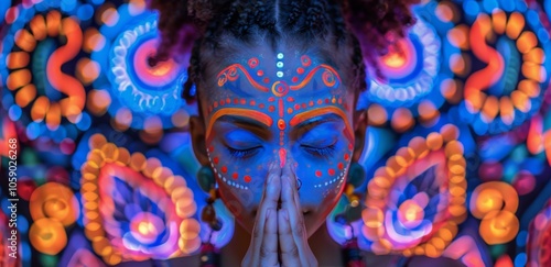 Woman With Face Paint Posing In Front Of Neon Lights
