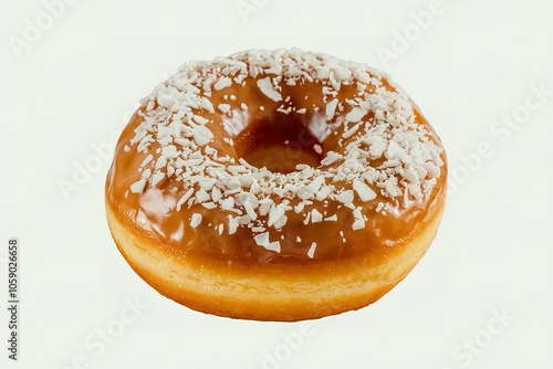 a sweet donut with coconut flakes on a white background