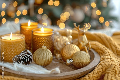 Golden Christmas Decorations and Candles on Wooden Tray