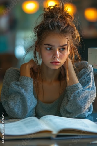 Young woman studying intently with a book in a quiet classroom during the aft...