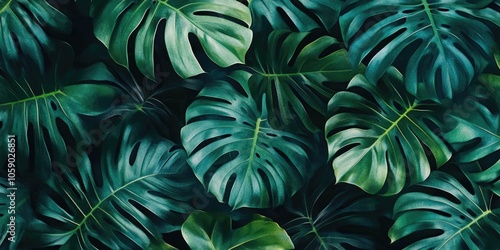 Close-up of tropical green palm leaves. Textured and suitable for decorative purposes.