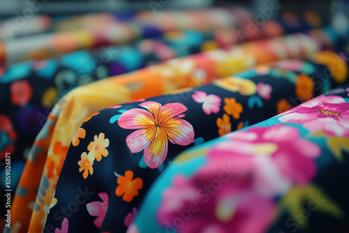 Sublimation printer prints bright floral patterns on fabric with dtf technology for textile design.