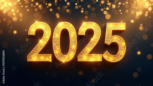 Elegant "Happy New Year 2025" Gold Text Banner: Festive Design for Marketing, Events, and Social Media