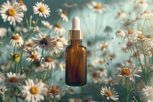 An oil bottle among daisies, a symbol of nature's healing properties. photo