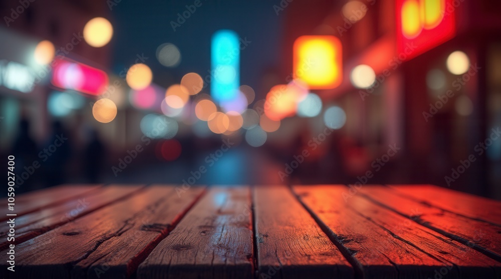 Empty Wooden Table with Neon Light and Blurred Bokeh Night Background Ideal for Product Display Empty Wooden Table with Neon Light and Blurred Bokeh Night Background Ideal for Product Display