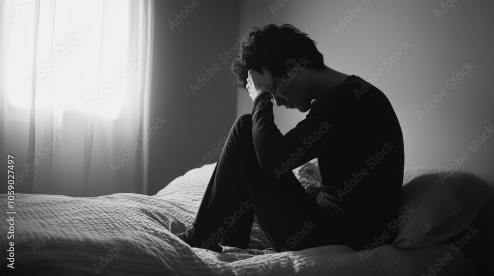 Person sitting on bed with head down, looking dejected. Bedroom setting with curtains and wall. Emotional distress concept. Person sitting on bed with head down, looking dejected. Bedroom setting with curtains and wall. Emotional distress concept.