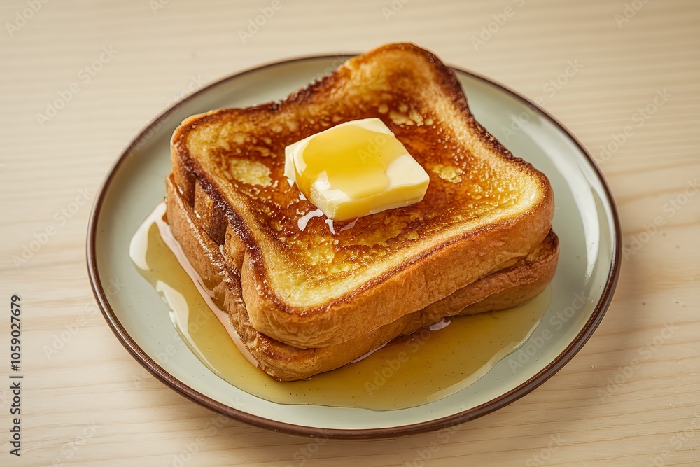 a golden-brown French toast on a white plate a golden-brown French toast on a white plate