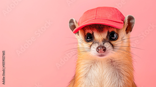 Cute ferret wearing red cap on pastel pink background. photo