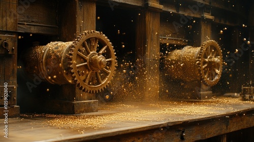 Close-up of a vintage, wooden machine with rotating gears,  spitting out golden particles. photo