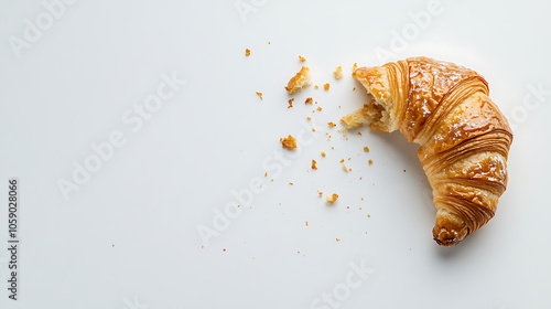 half eaten croissant with crumbs on white surface, showcasing its flaky texture