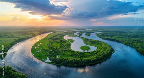 Aerial View of a Winding River in a Lush Green Forest on a Sunny Day