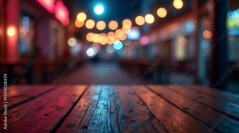Empty Wooden Table with Neon Light and Blurred Bokeh Night Background Ideal for Product Display Empty Wooden Table with Neon Light and Blurred Bokeh Night Background Ideal for Product Display