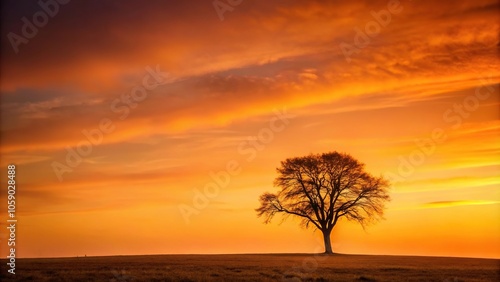 Warm orange hues spread across the sky as a lone tree stands against the fading light, natural beauty, landscape, peaceful