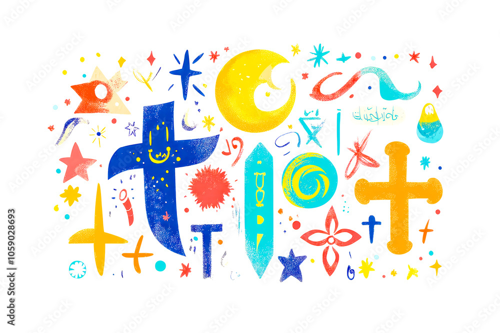 Playful Abstract Composition with Bright Symbols of Crosses, Stars, and Cosmic Elements Playful Abstract Composition with Bright Symbols of Crosses, Stars, and Cosmic Elements