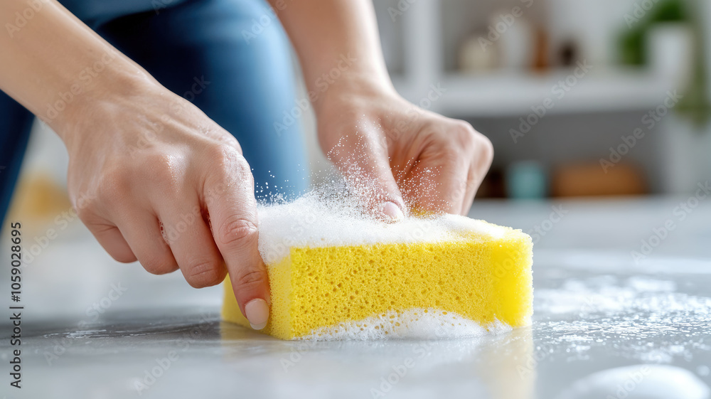 close-up of hands scrubbing surface with yellow sponge and soap suds close-up of hands scrubbing surface with yellow sponge and soap suds