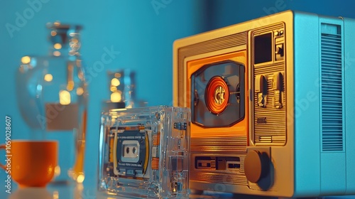 A nostalgic scene featuring a retro cassette player, vintage items, and warm lighting. Perfect for evoking memories of old-school music and design. photo