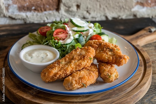 A photo of a plate with breaded chicken tenders, a fresh creamy salad, and a dipping sauce