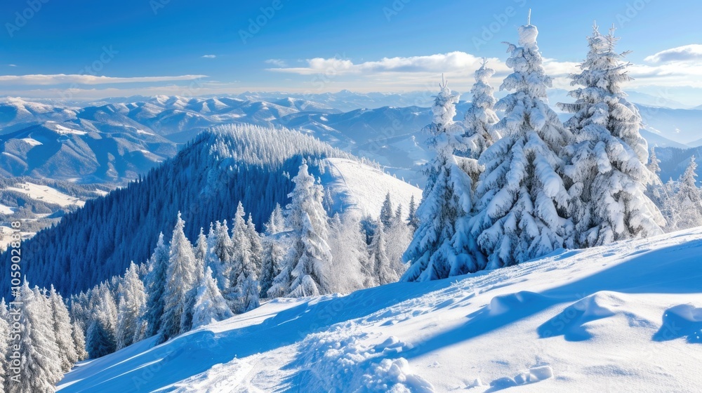 Naklejka premium A picturesque mountain scene in winter, with a scattering of snow-covered evergreens on the slopes.