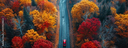 Aerial View of a Red Car Driving Through Autumn Foliage in a Forest