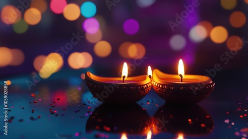 Softly glowing candles against a backdrop of vibrant, colorful sparkling lights on a dark background.