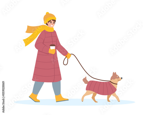 Woman and dog in warm clothes. Winter snowy outdoor activity. Girl walking with dog in cold weather. Snowy winter season. Vector character illustration isolated on white background.