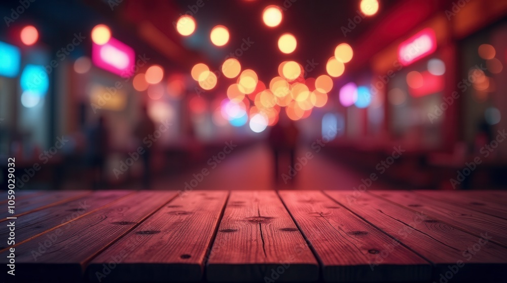 Empty Wooden Table with Neon Light and Blurred Bokeh Night Background Ideal for Product Display Empty Wooden Table with Neon Light and Blurred Bokeh Night Background Ideal for Product Display