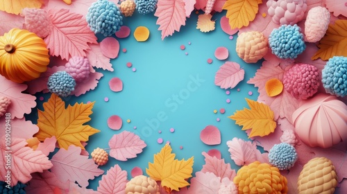 Colorful autumn leaves and decorative items on a blue background in a seasona...
