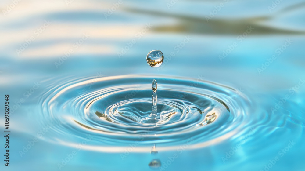 A clear drop of water creates ripples on the surface, capturing the essence of tranquility and fluidity in a serene blue environment. A clear drop of water creates ripples on the surface, capturing the essence of tranquility and fluidity in a serene blue environment.