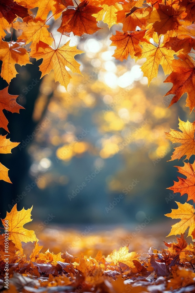 Autumn leaves frame a tranquil forest path during golden hour in a serene landscape Autumn leaves frame a tranquil forest path during golden hour in a serene landscape