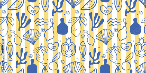 Mediterranean modern seamless patern with sketch style illustrations