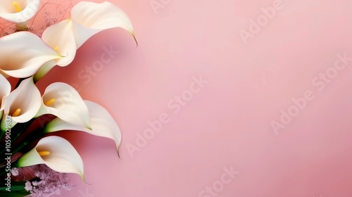 Elegant white calla lilies on soft pink background for design purposes.