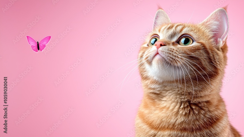 Curious Cat Gazes at Fluttering Pink Butterfly Curious Cat Gazes at Fluttering Pink Butterfly