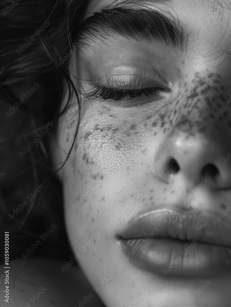 Fototapeta premium Peaceful close up of a woman with eyes closed, showcasing her natural beauty and fair skin.