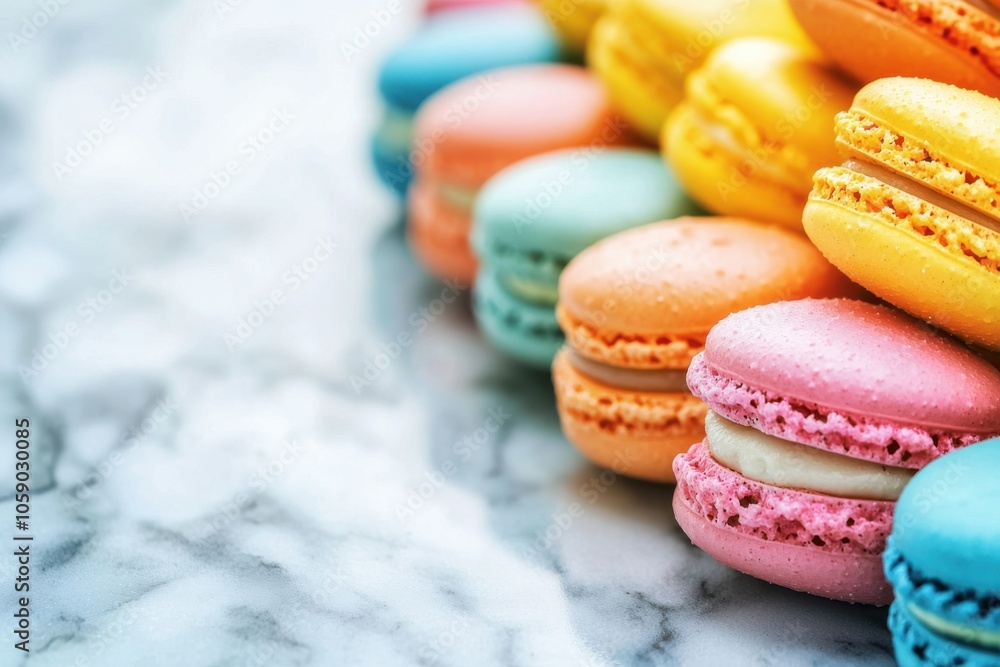 Obraz premium A colorful assortment of macarons arranged on a marble surface, showcasing a delightful array of flavors and textures.