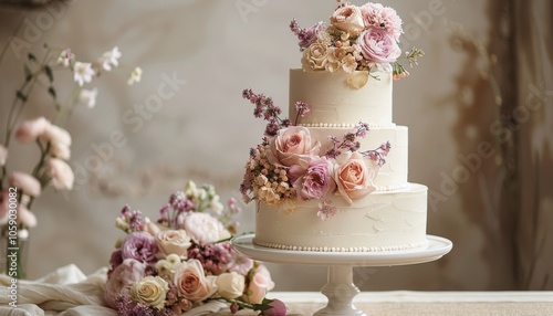 Three-Tier Wedding Cake Decorated With Pink Roses and Greenery