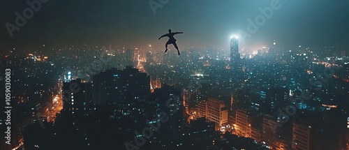 A person wearing a red cape soars above a vibrant city skyline illuminated at night with towering skyscrapers