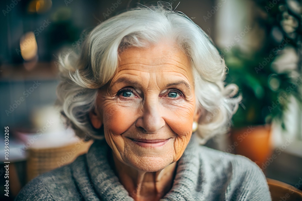 Portrait of a smiling elderly woman with gray hair, looking content and serene. Soft lighting highlights her warm expression and gentle wrinkles. Portrait of a smiling elderly woman with gray hair, looking content and serene. Soft lighting highlights her warm expression and gentle wrinkles.