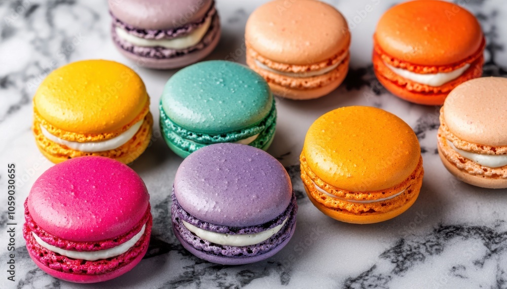 Obraz premium A colorful assortment of macarons displayed on a marble surface, showcasing their vibrant hues and delicate texture.