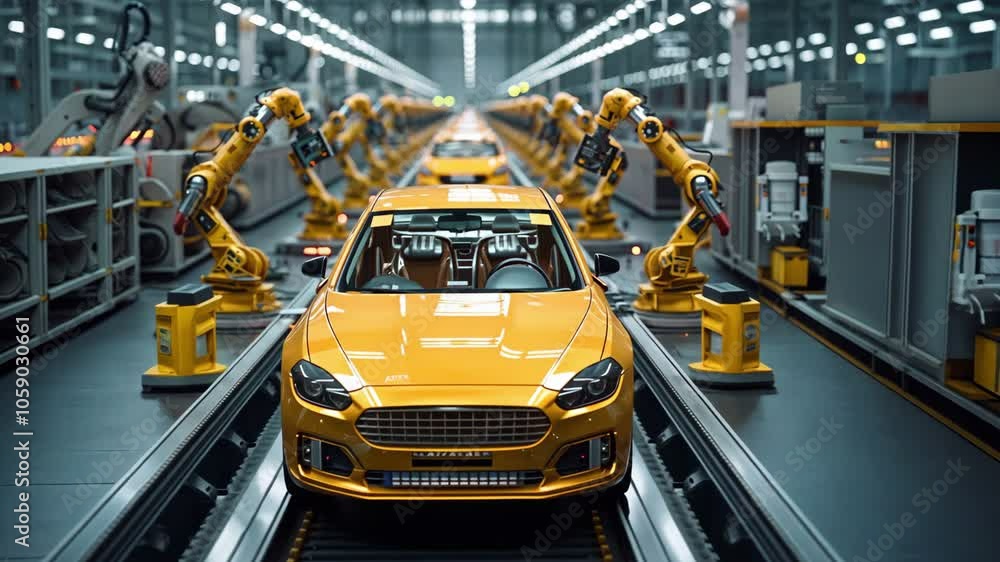 A yellow car on an automated assembly line with robotic arms in a modern factory. A yellow car on an automated assembly line with robotic arms in a modern factory.