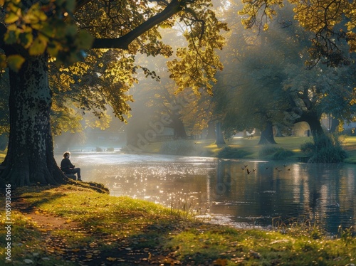 Person Sitting by a River in a Tranquil Autumn Park